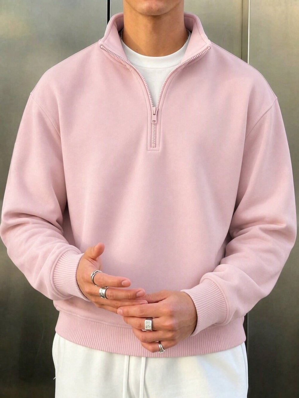 Pink Preppy Men's Minimalist Printed Zip-Up Pullover Pullover Sweatshirt